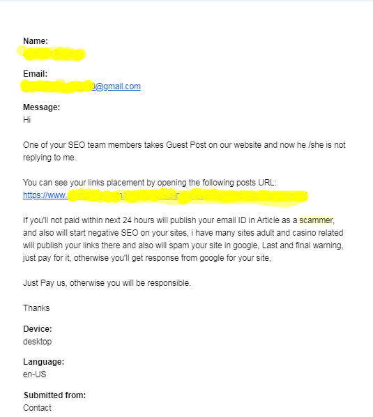 The scam message as it arrived through our contact form